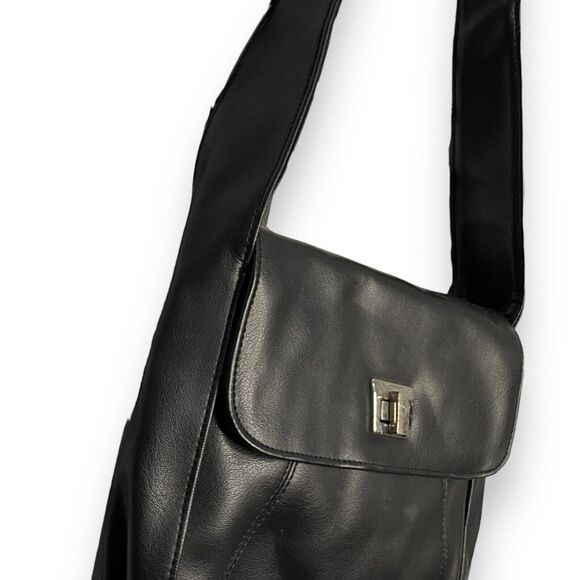 Faux Leather Shoulder Bag Womens Black Pockets Retro Pockets Minimalist Turnlock - Picture 6 of 11